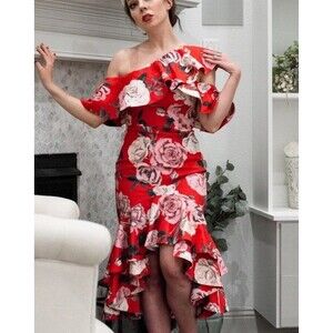 New‎ Fame and Partners Red Pink Multi Bold Rose Off Shoulder Natasha Dress 10